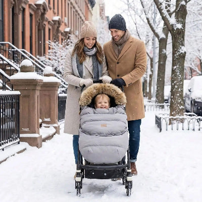 chanceliere poussette grise hiver neige balade ville bebe souriant