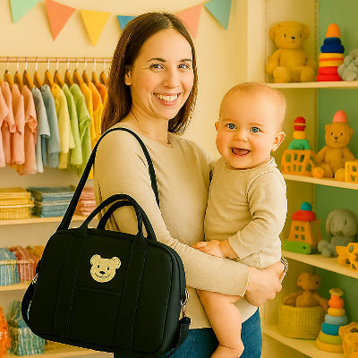 sac a langer noir porte maman tenant bebe magasin jouet enfants