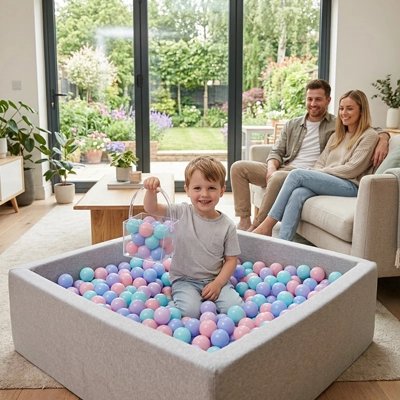 Balle piscine a balle garcon joyeux balles colorees parents canape