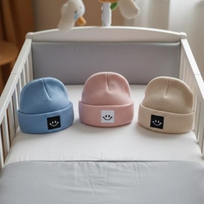 Bonnet bebe bleu rose beige patch sourire berceau