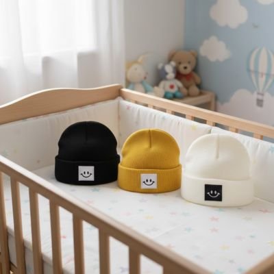 Bonnet bebe noir moutarde ecru patch sourire berceau