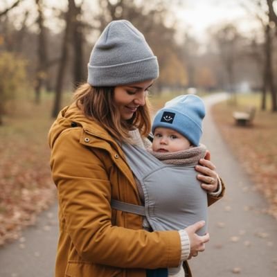 Bonnet bebe bleu sourire automne extérieur