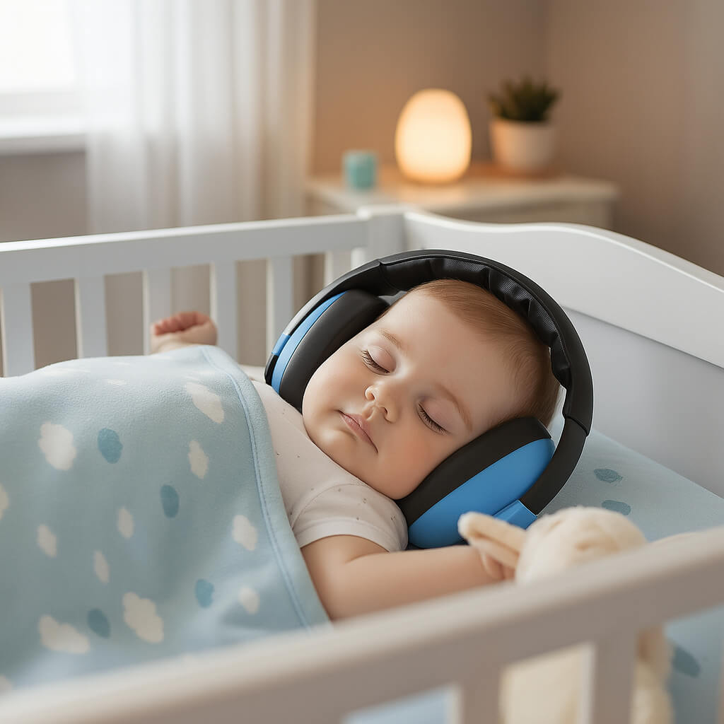 Casque anti bruit bébé dort sereinement