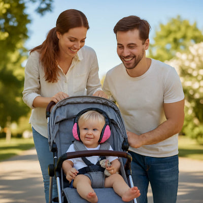 Casque anti bruit bébé en promenade avec papa maman