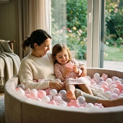 balles piscine a balle rose blanc complicite mere fille interieur