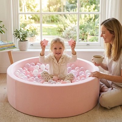 balles piscine a balle rose pastel enfant heureux moment famille