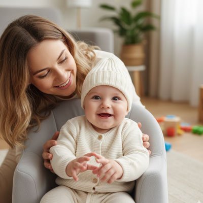 bonnet bebe assis avec adulte sourire tenue creme