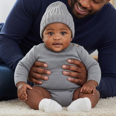 bonnet bebe assis devant adulte tenue grise piece lumineuse