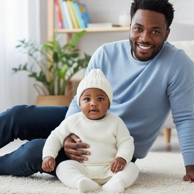 bonnet bebe assis fauteuil tenue blanche adulte derriere sourire