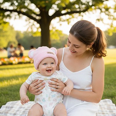 bonnet bébé rose oreilles ourson parc