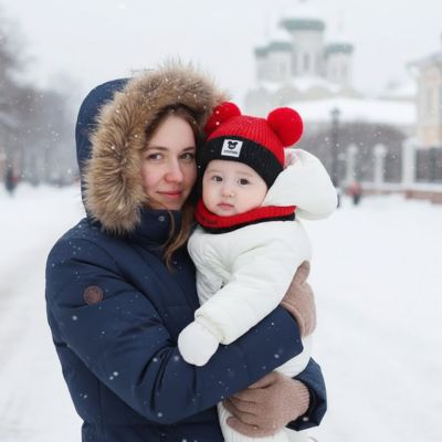 bonnet bebe rouge pompons neige exterieur