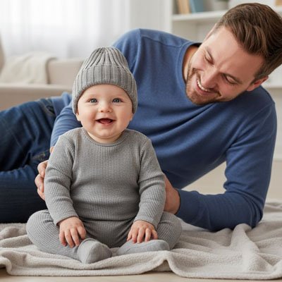 bonnet bebe tenue grise assis au sol papa derriere