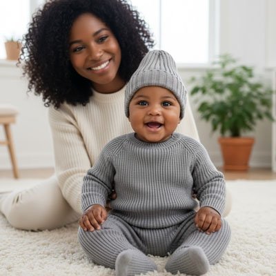 bonnet bebe tenue grise assis sur tapis adulte derriere