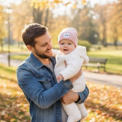 Bonnet‑bebe‑rose‑sourire‑automne‑extérieur