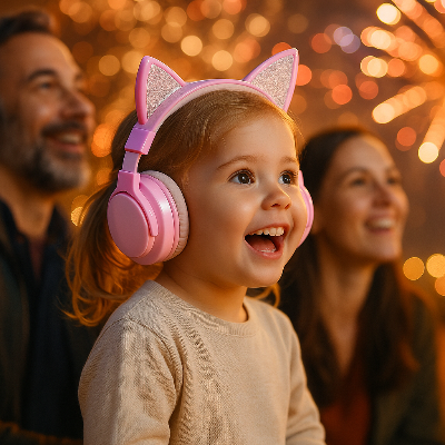 casque anti bruit bebe fillette 3 ans regarde feux artifices