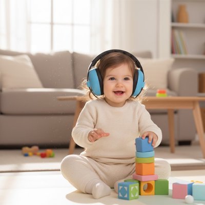 Casque anti bruit bébé joue dans le salon