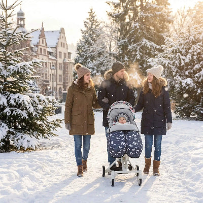 chancelière bébé hiver balade famille poussette neige parc ville européenne