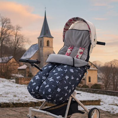 chanceliere bebe hiver polaire poussette village europeen neige ciel rose eglise