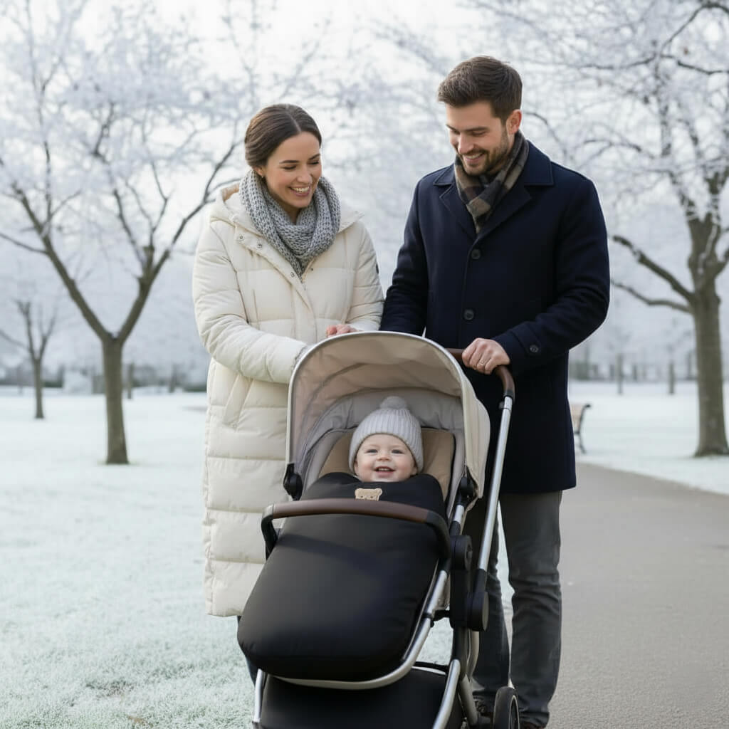 chancelière bébé noire parents promenade hiver poussette neige parc