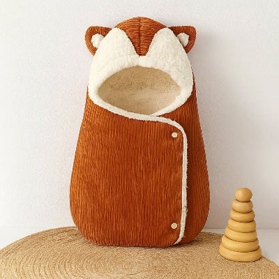 chanceliere bebe renard velours cotele rouille doublure blanche oreilles jouet bois tapis tresse