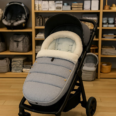 chanceliere pour poussette grise en boutique presentation produit hiver confort bebe