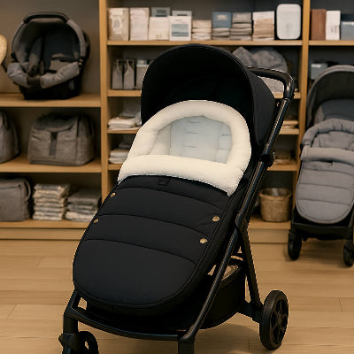 chanceliere pour poussette noire en boutique presentation produit hiver confort bebe