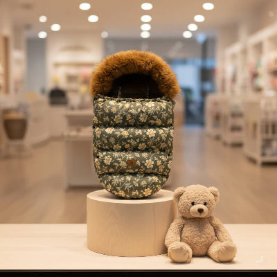 chanceliere poussette motif fleur verte fonce fausse fourrure hiver bebe boutique