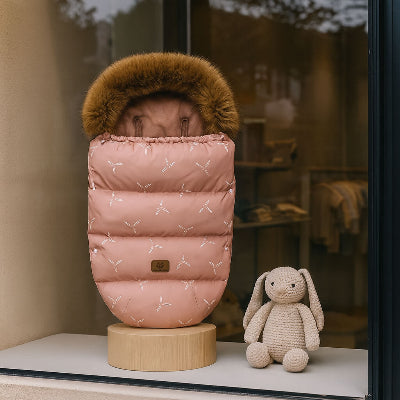 chanceliere poussette rose oiseaux blancs fausse fourrure