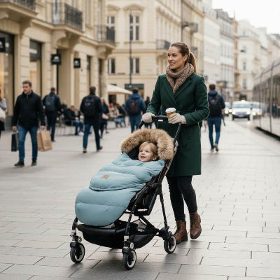 chanceliere poussette turquoise hiver-ville balade bebe chaud cafe