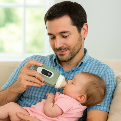 chauffe biberon nomade papa donne biberon bébé sereinement