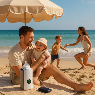 papa utilise chauffe biberon portable plage