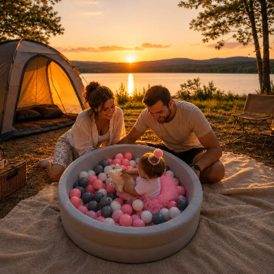 piscine a balles bébé camping coucher de soleil parents heureux bord du lac