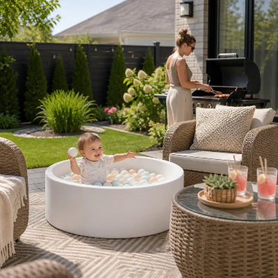  piscine a balles blanche bébé cour de maison mobilier rotin barbecue été famille