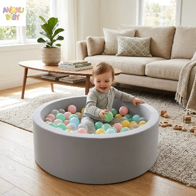  piscine a balles grise bébé salon moderne pastel anoku baby ambiance douce