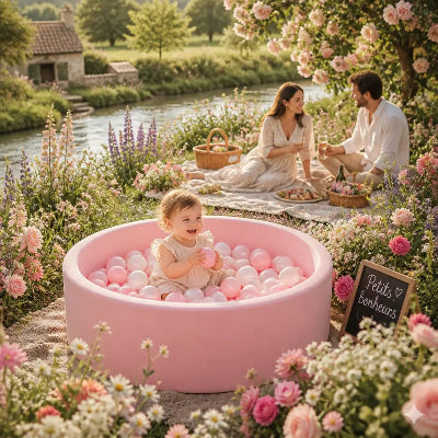 piscine a balles rose bébé pique‑nique fleurs bord de rivière parents heureux