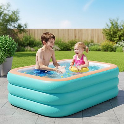 Piscine gonflable enfant deux enfants qui s’éclaboussent dans piscine rectangulaire