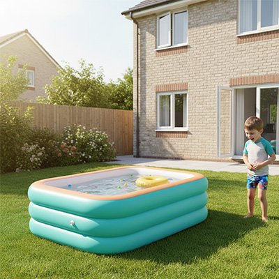 Piscine gonflable enfant enfant près piscine rectangulaire jardin