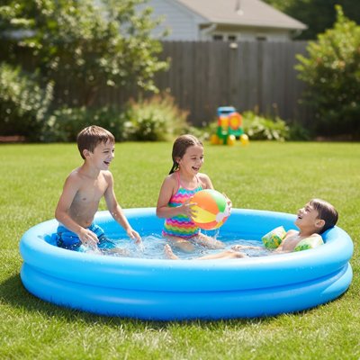 piscine gonflable enfants qui jouent avec ballon dans piscine de jardin