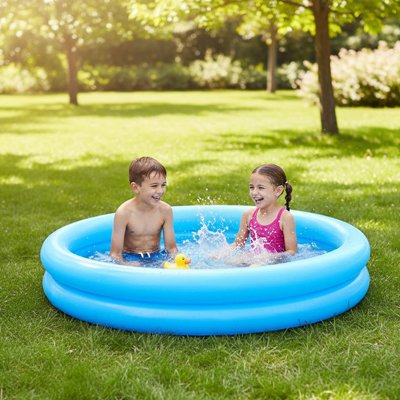 piscine gonflable enfants qui s’amusent avec canard flottant