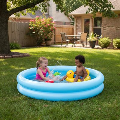 piscine gonflable avec enfants qui s’éclaboussent dans le jardin
