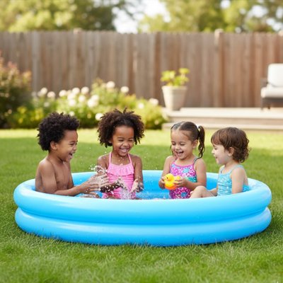piscine gonflable avec groupe d’enfants qui s’amusent dehors