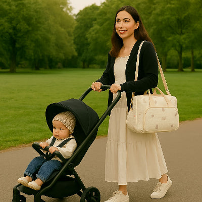 sac a langer nounours maman promenade parc avec bebe poussette