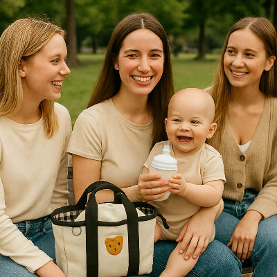 sac a langer ourson amies maman bebe dans parc