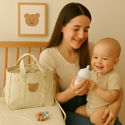 sac à langer ourson maman donne biberon bébé