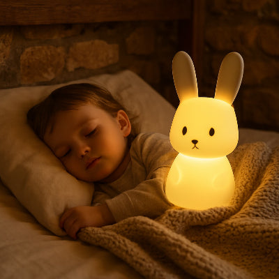 veilleuse nomade enfant endormi dans gite-rural pierre apparente lumiere douce couverture en laine atmosphere