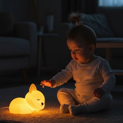 veilleuse-renard-nomade-bébé-pyjama-lumière-chaude-nuit-apaisante-sol-salon